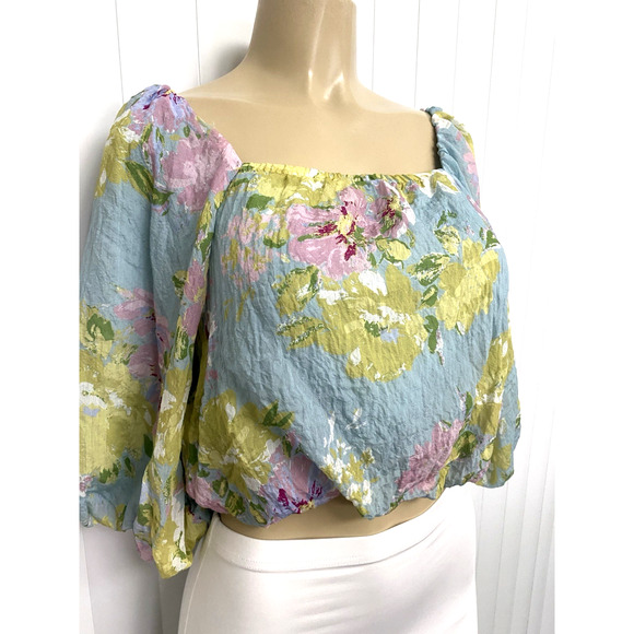 Calypso St Barth Cropped Top Blouse Square Neck Balloon 3/4 Sleeve Floral S - Picture 2 of 7